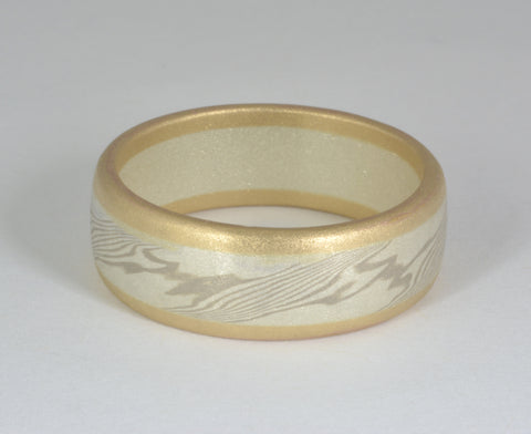 Custom: Palladium White Gold and Mokume Gane Band (8mm) with 14kt Gold Rails