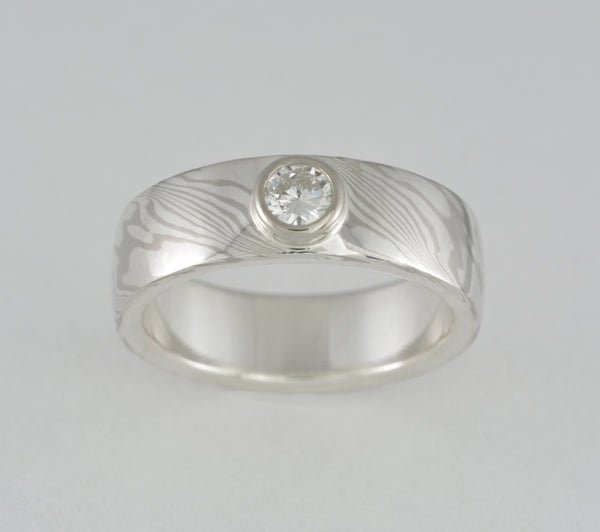 Custom: Palladium White Gold and Sterling Silver 6mm Mokume Ring with Round Diamond