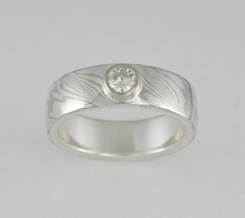 Custom: Palladium White Gold and Sterling Silver 6mm Mokume Ring with Round Diamond