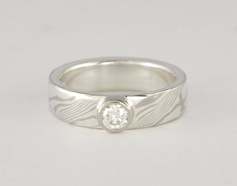 Custom: Palladium White Gold and Sterling Silver 5mm Mokume Ring with Round Diamond