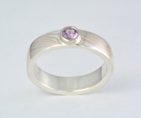 Custom: 14kt Red Gold and Sterling Silver Mokume Gane Band with Bezel Set Alexandrite